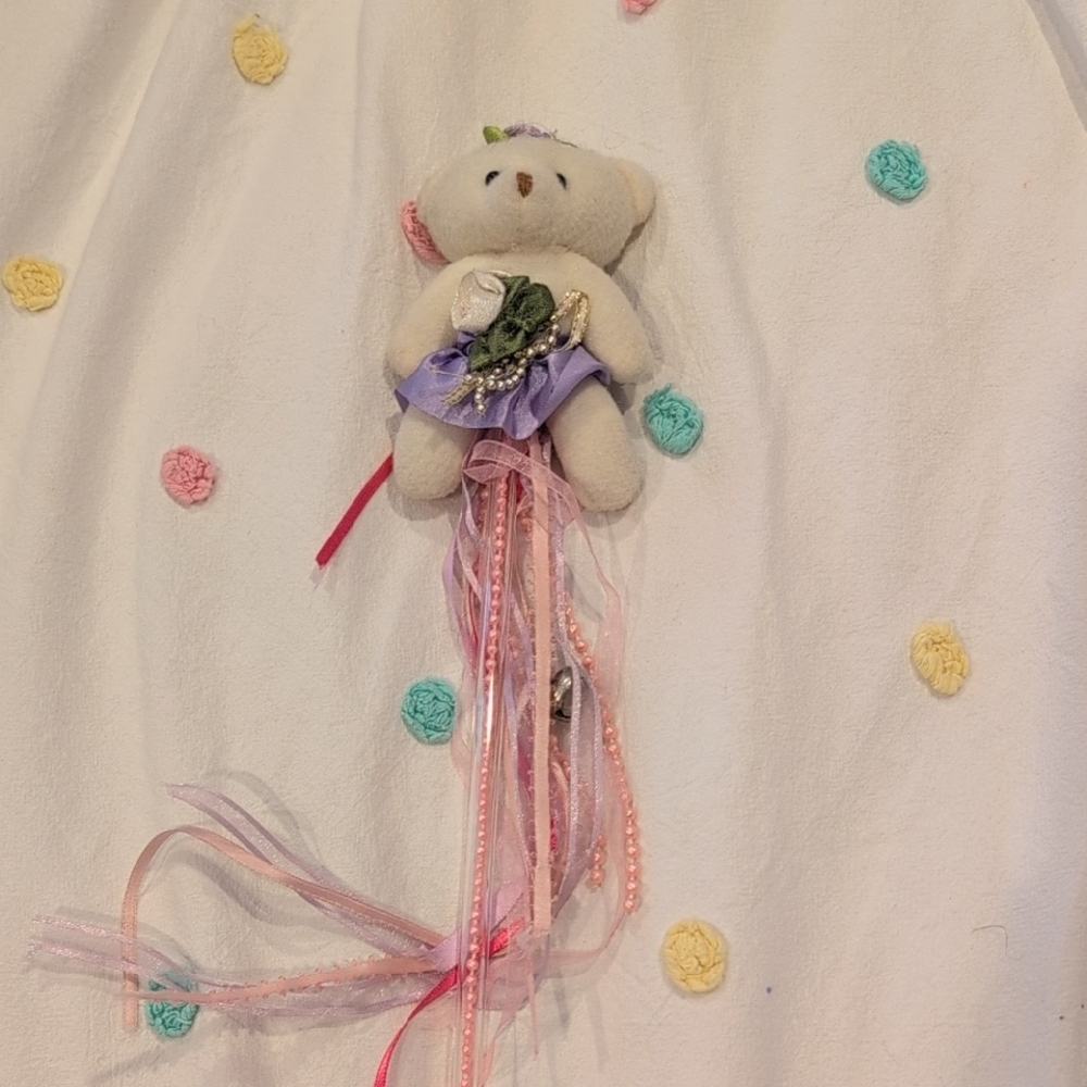 Charming Stuffed Bear with Purple Dress and Pink Ribbons Wand
